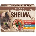 Shelma Cat kuřecí hovězí losos treska 12 x 85 g – Sleviste.cz