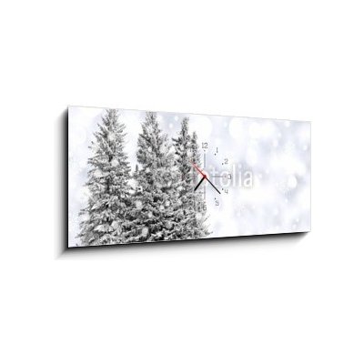 Obraz s hodinami 1D panorama - 120 x 50 cm - Snowy trees with twinkling silver background and snowflakes Zasněžené stromy s blikajícím stříbrným pozadím a sněhové vločky – Zboží Mobilmania