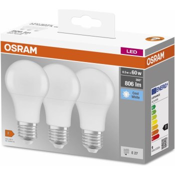 Osram sada 3x LED žárovka E27, A60, 8,5W, 806lm, 4000K, neutrální bílá