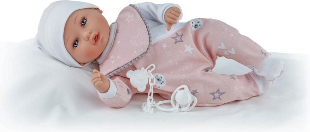 Marina & Pau Realistické miminko holčička Albína s růžovým bryndáčkem