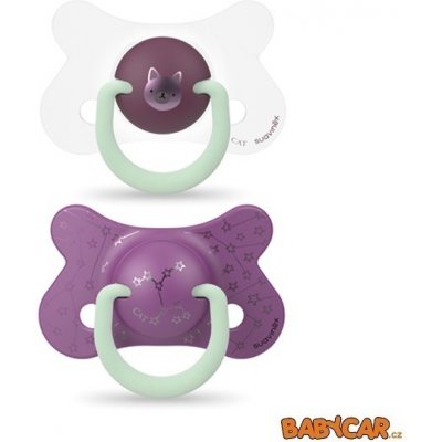 Suavinex šidítko den & noc fyziologické silikon kočka fialová 2 ks – Zboží Dáma