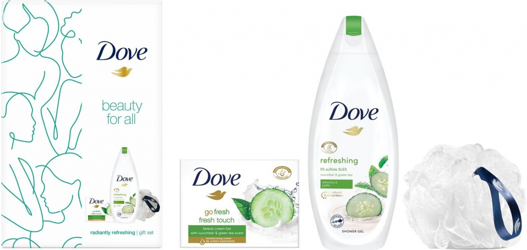 Dove Beauty For All Fresh Refreshing sprchový gel 250 ml + Go Fresh toaletní mýdlo 100 g + mycí houba dárková sada