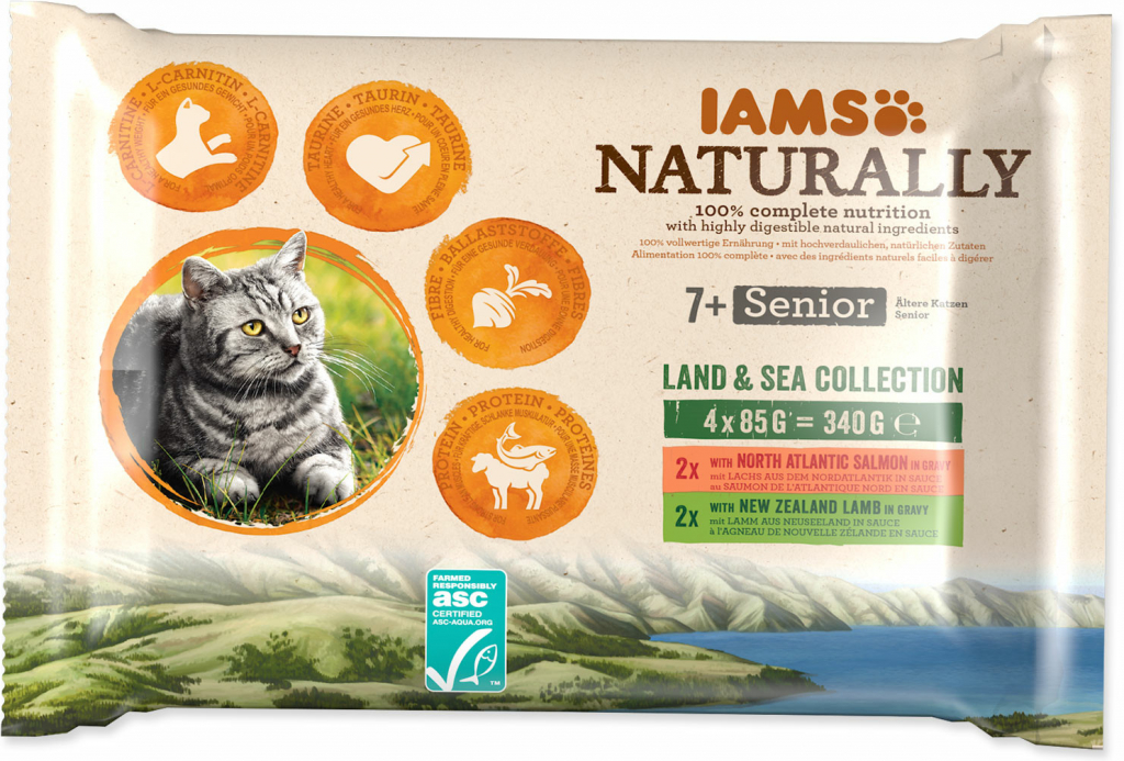 Iams Cat Naturally Senior výběr z mořských a suchozemských mas v omáčce 340 g