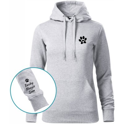 Dámská mikina s kapucí PSÍ TLAPKA a jména psů na rukávu SVĚTLE šedý melír Černý – Zboží Dáma