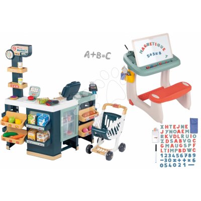Smoby Set obchod elektronický smíšené zboží s chladničkou Maxi Market a školní lavice na kreslení a magnetky Little Pupils