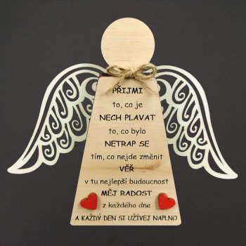 Amadea Dřevěný anděl stojící s křídly a motivačním textem masivní dřevo 18 x 15 cm