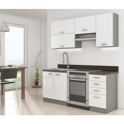 VENETI Paneláková kuchyň 180/180 cm GENJI 2 - lesklá bílá / šedá + LED, pracovní deska, dřez a příborník – Zboží Mobilmania
