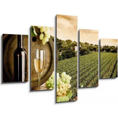 Obraz pětidílný 5D - 150 x 100 cm - Wine and vineyard in vintage style Víno a vinice ve vinobraní – Zboží Mobilmania