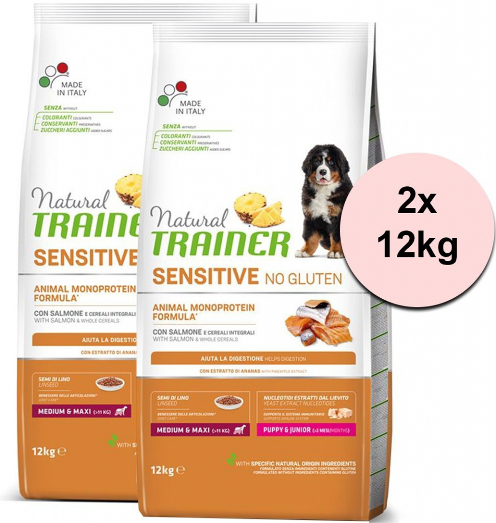 TRAINER Natural SENSITIVE No Gluten Puppy & Junior Medium / Maxi Salmon 2 x 12 kg