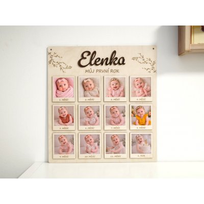 Dřevěná deska "Můj první rok" se jménem a rámečky na fotografie s motivem větviček | D-decor – Sleviste.cz