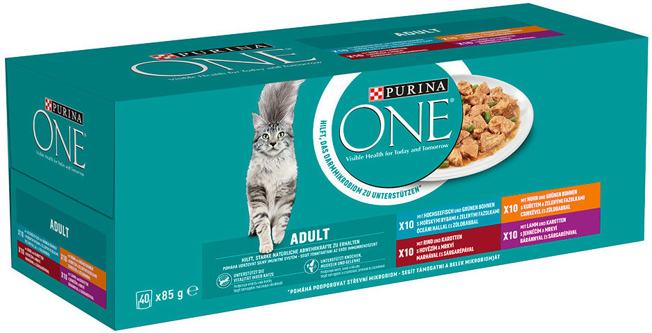 PURINA ONE ADULT minifiletky s jehněčím mořskými rybami kuřetem hovězím a zeleninou ve šťávě 40 x 85 g