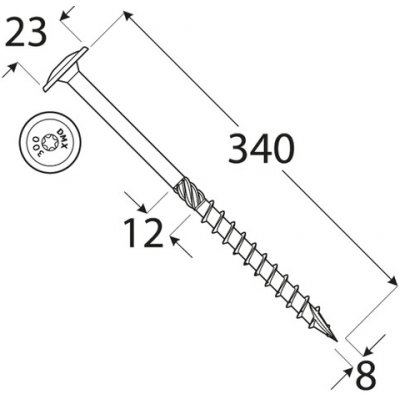 DOMAX CT tesařský konstrukční vrut s talířovou hlavou zinek žlutý DMX ø (mm): 8, délka vrutu: 340, TORX: T40 – Sleviste.cz
