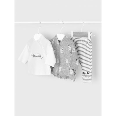 Mayoral dívčí 3dílný set mikina tričko DR a kalhoty s kočičkou, bílá/ šedá