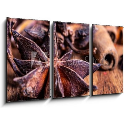 Obraz 3D třídílný - 90 x 50 cm - close up of star anise on wooden plank, slective focus zblízka badyánu na dřevěné prkno, slective zaměření – Zbozi.Blesk.cz