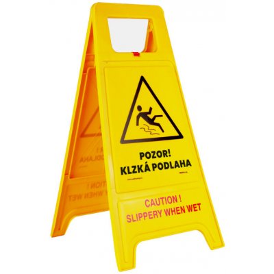 Žlutý PVC výstražný výstražný stojan "Pozor! Kluzká podlaha" - délka 61,5 cm, šířka 30 cm