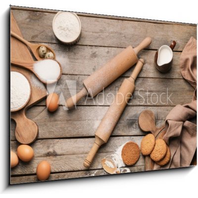 Obraz 1D - 100 x 70 cm - Ingredients for cookies and rolling pins on wooden background Ingredience pro sušenky a válečky na dřevěné pozadí – Hledejceny.cz