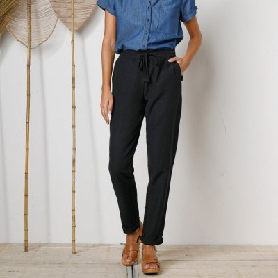 Zúžené kalhoty s pružným pasem z bavlny a lnu černá – Zbozi.Blesk.cz