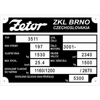 Výrobní štítek Zetor 3511 váha 1530kg rok 197 | Zboží Auto
