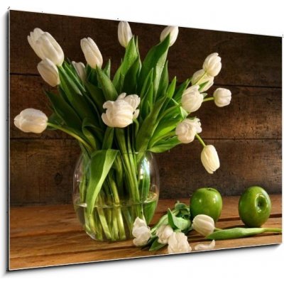 Obraz 1D - 100 x 70 cm - White tulips in glass vase on rustic wood Bílé tulipány ve skleněné váze na rustikálním dřevu – Zbozi.Blesk.cz