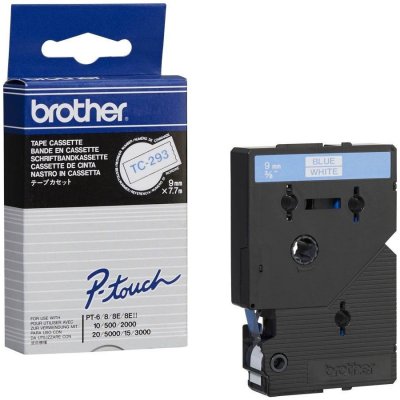 Brother TC-293, 9mm, modrý tisk/bílý podklad - originální páska laminovaná – Zboží Mobilmania