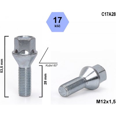 Kolový šroub M12x1,5x28, kužel, klíč 17, C17A28, výška 53,5 mm – Zbozi.Blesk.cz