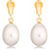 Náušnice Šperky eshop zlaté náušnice visící oválná perla bílé barvy lesklý proužek GG16.27