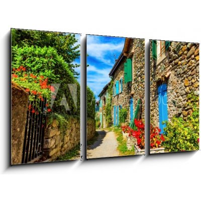 Obraz 3D třídílný - 90 x 50 cm - Beautiful colorful medieval alley in Yvoire town in France Krásná barevná středověká ulička ve městě Yvoire ve Francii
