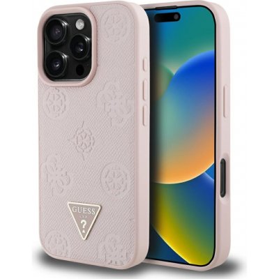 Guess – Peony Grained Hot Stamp Triangle MagSafe – kryt s MagSafe pro iPhone 16 Pro – růžový – Zboží Mobilmania