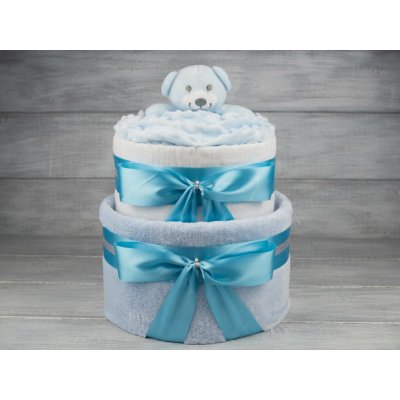 Pastell decor Plenkový dort dvoupatrový modrý Velikost plenek: Vel. 2 - Miminko váží 3 až 6 kg, Velikost oblečení: 50 - Miminku jsou 0 až 2 m – Zboží Dáma