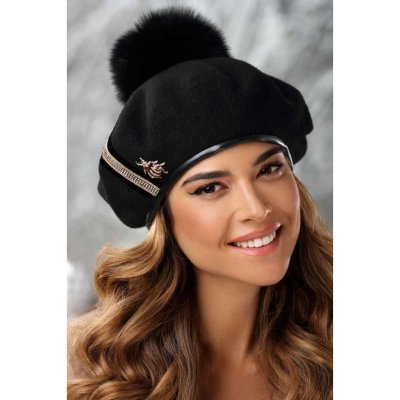 Krumlovanka Zimní dámský vlněný baret s bambulí zdobený broučkem W-0672/018 černý – Hledejceny.cz