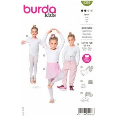 Střih na dívčí dres na cvičení, sukýnka a zavinovací tričko na balet Burda 9266