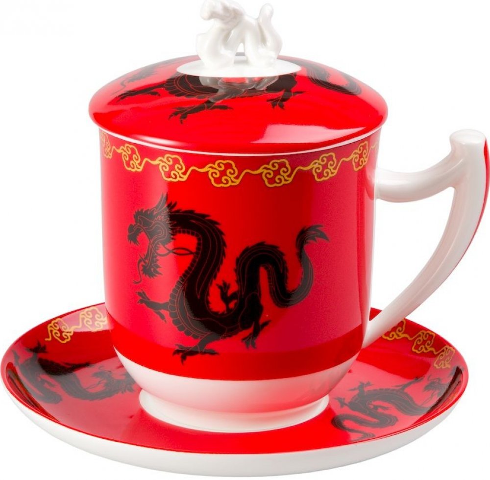 TeaLogic Zhu Fine Bone China porcelánový hrnek s podšálkem pokličkou a  sítkem červený čínský drak 350 ml | Srovnanicen.cz