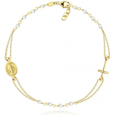 Šperky eshop náramek ze žlutého zlata medailon s Pannou Marií křížek syntetické perly S5GG254.07 – Zbozi.Blesk.cz