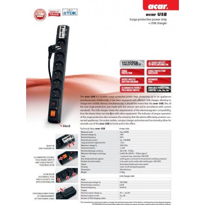 Acar USB 3m kabel 6 zásuvek 2xUSB přep.ochr.černý ppacarusb-3 – Sleviste.cz