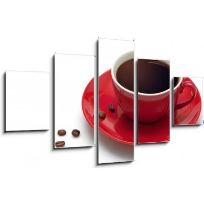 Obraz 5D pětidílný - 125 x 70 cm - Red coffee cup and grain on white background Červená šálek kávy a zrna na bílém pozadí