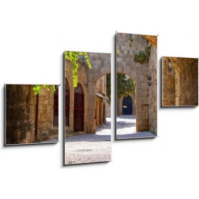 Obraz 4D čtyřdílný - 100 x 60 cm - Medieval arched street in the old town of Rhodes, Greece Středověká oblouková ulice ve starém městě Rhodos v Řecku – Zboží Mobilmania