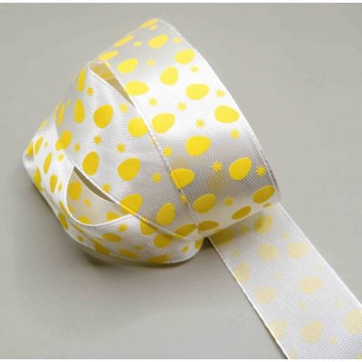 Saténová stuha se žlutými vajíčky - bílá - šířka 2,5 cm – Sleviste.cz