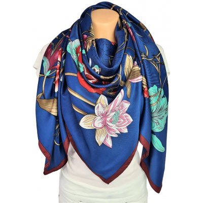 Classic Scarf dámský tmavě modrý šátek s červenými květy macešek lilií – Zboží Mobilmania