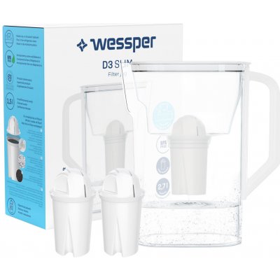 Wessper D3 Slim Aquaclassic 2,7 l bílý filtrační džbán do chladničky + 3x filtrační patrona Wessper Aquaclassic