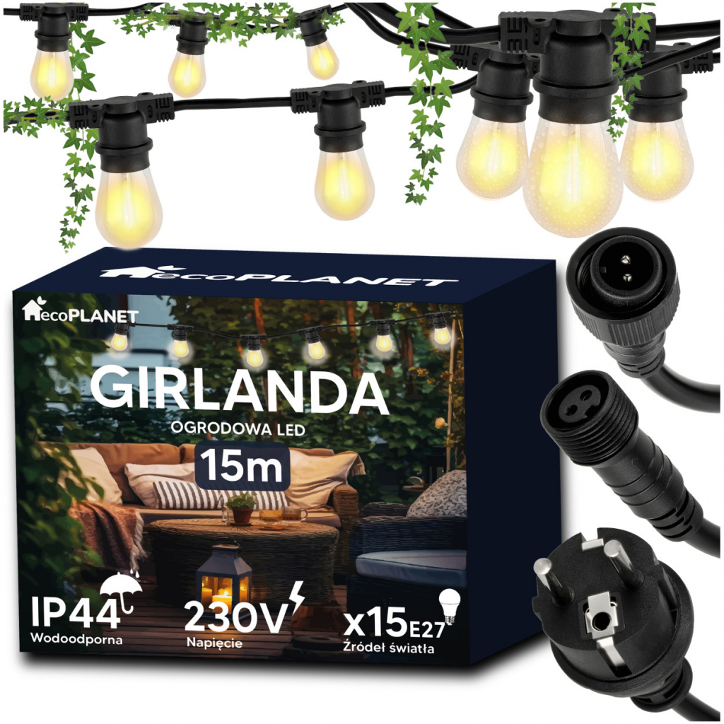 BERGE Zahradní girlanda 15m + 16x 1W LED žárovka EG1515