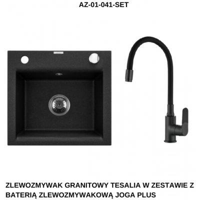 INVENA Granitový dřez TESALIA, černý s automatickým sifonem, chrom + baterie JOGA PLUS AZ-01-041-SET – Zboží Mobilmania