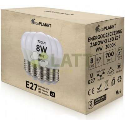 EcoPlanet 5x LED žárovka E27 G45 8W 700lm teplá bílá