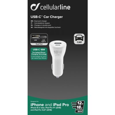 Autonabíječka Cellularline Dual s USB-C a USB konektorem, 30W, bílá – Hledejceny.cz