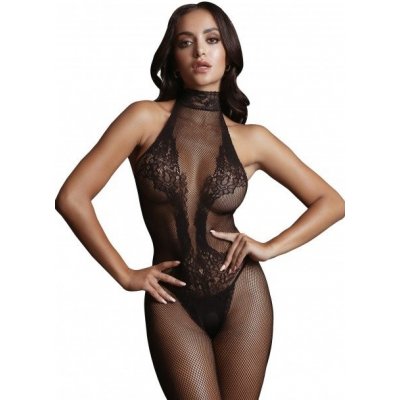 Le Désir Halter Neck and Lace Bodystocking, černé průsvitné erotické body s otevřeným rozkrokem – Zboží Mobilmania