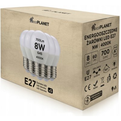 EcoPlanet 5x LED žárovka E27 G45 8W 700lm neutrální bílá