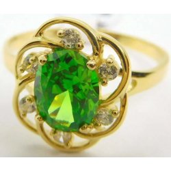 Klenoty Budín Dámský zlatý prsten se zirkony a zeleným smaragdem H430