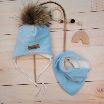 Z&Z Zimní dvouvrstvá čepice na zavazování s bambulí z kožešinky šátek modrá