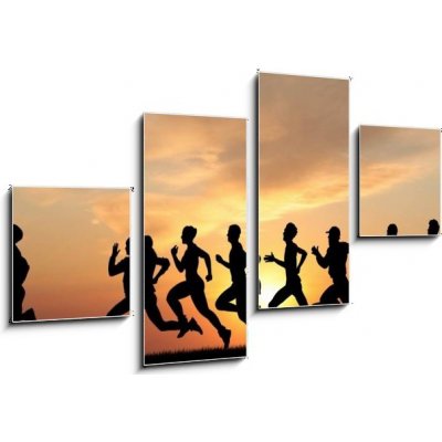 Obraz 4D čtyřdílný - 100 x 60 cm - Marathon, black silhouettes of runners on the sunset Maraton, černé siluety běžců na západ slunce – Zboží Mobilmania