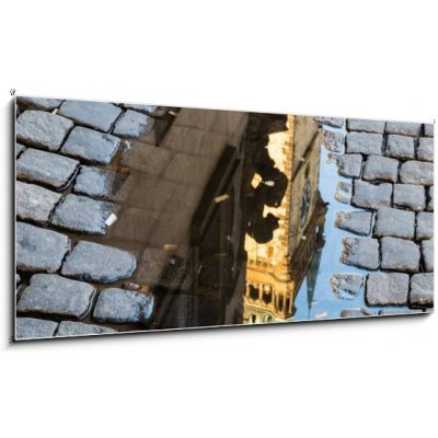 Skleněný obraz 1D panorama - 120 x 50 cm - Astronomical clock in Prague in puddle Astronomické hodiny v Praze v louži – Zboží Mobilmania