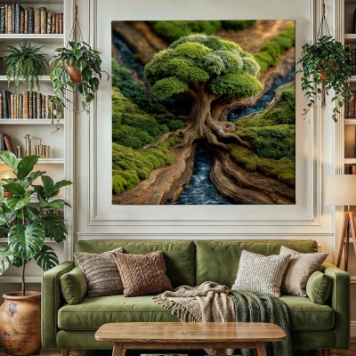 Obraz na plátně - Strom života Vodní síla, mechový styl FeelHappy.cz Velikost obrazu (šířka x výška): 40 x 40 cm – Zboží Dáma